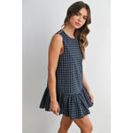 plaid mini dress, navy plaid dress, sleeveless plaid dress, button back dress, flounce hem dress, preppy plaid dress, fall mini dress, classic plaid dress, women's boutique dress, fall fashion, west of may boutique