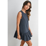 plaid mini dress, navy plaid dress, sleeveless plaid dress, button back dress, flounce hem dress, preppy plaid dress, fall mini dress, classic plaid dress, women's boutique dress, fall fashion, west of may boutique