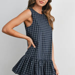 plaid mini dress, navy plaid dress, sleeveless plaid dress, button back dress, flounce hem dress, preppy plaid dress, fall mini dress, classic plaid dress, women's boutique dress, fall fashion, west of may boutique