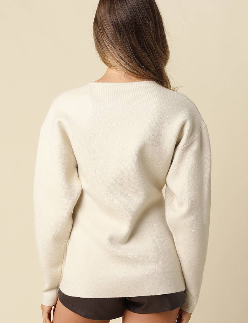 cashmere blend sweater, ivory button front sweater, women's peplum sweater, cream knit sweater, button front knit top, fitted fall sweater, women's fall sweater, elevated neutral sweater, long sleeve knit top