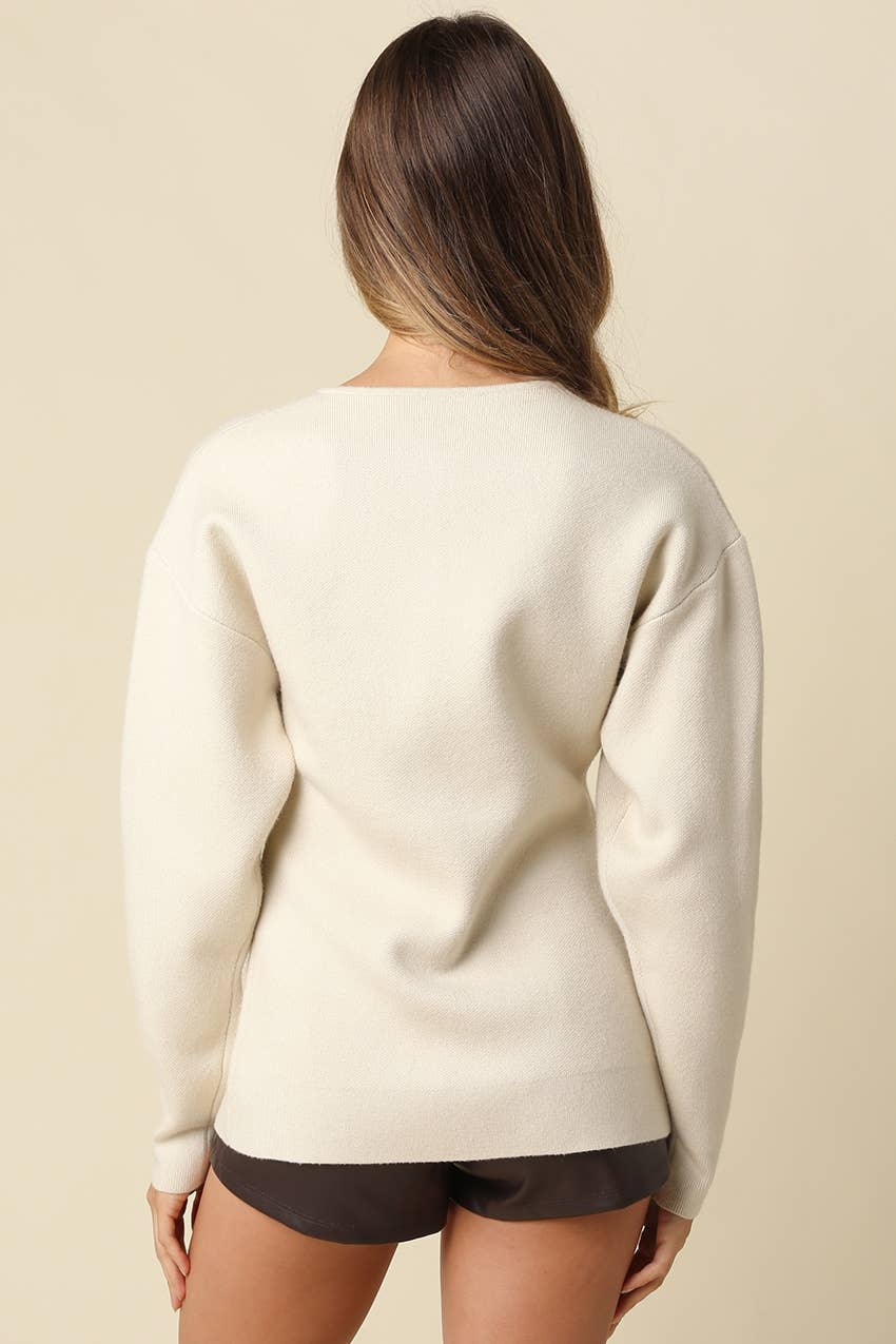 cashmere blend sweater, ivory button front sweater, women's peplum sweater, cream knit sweater, button front knit top, fitted fall sweater, women's fall sweater, elevated neutral sweater, long sleeve knit top