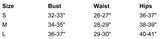 Size chart for clothing measurements with bust, waist, and hips dimensions.