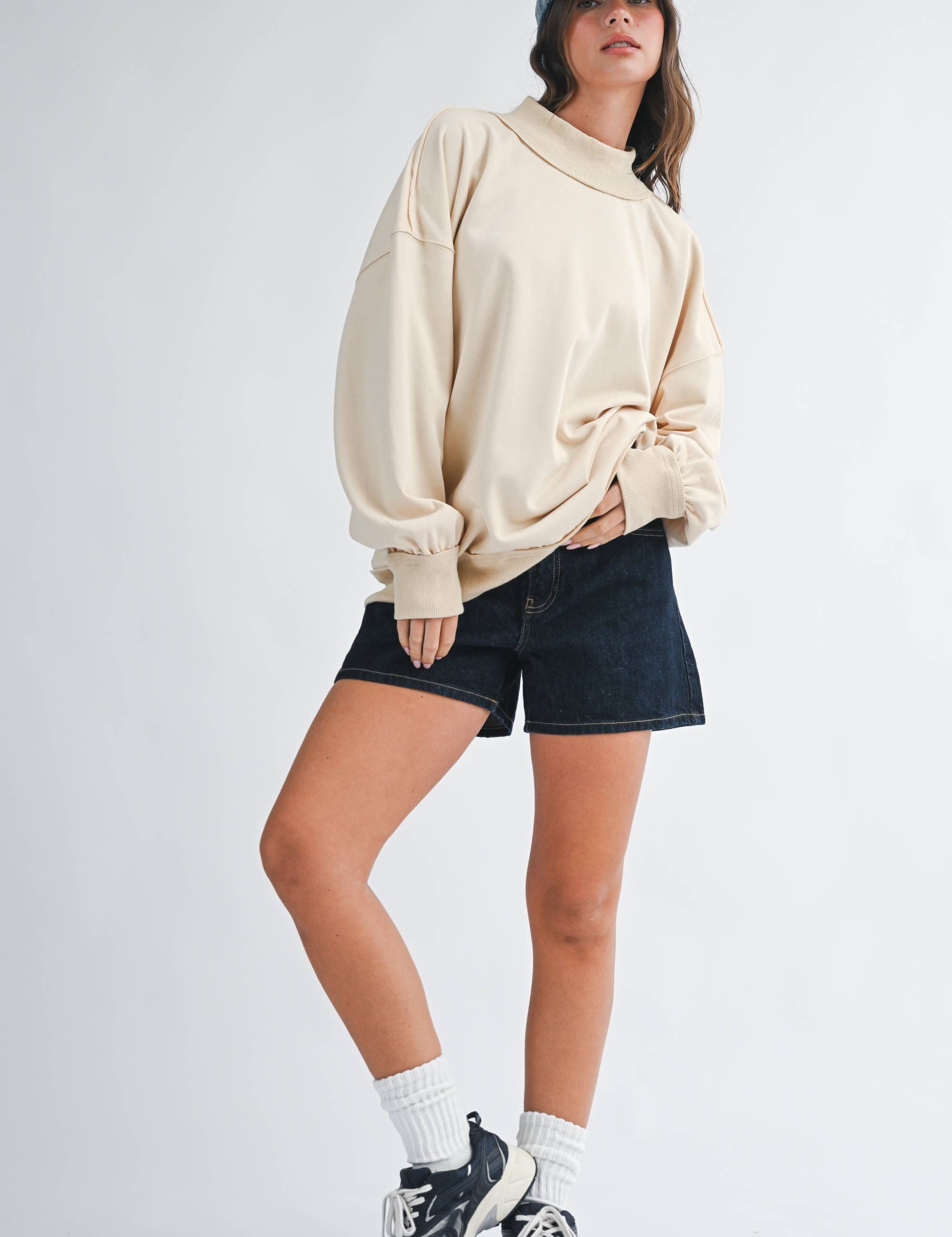 oatmeal sweatshirt, women's mock neck sweatshirt, 100% cotton sweatshirt, oversized sweatshirt, neutral fall sweatshirt, washed cotton sweatshirt, women's fall top, oversized mock neck top, cream sweatshirt, casual women's sweatshirt, free people dupe