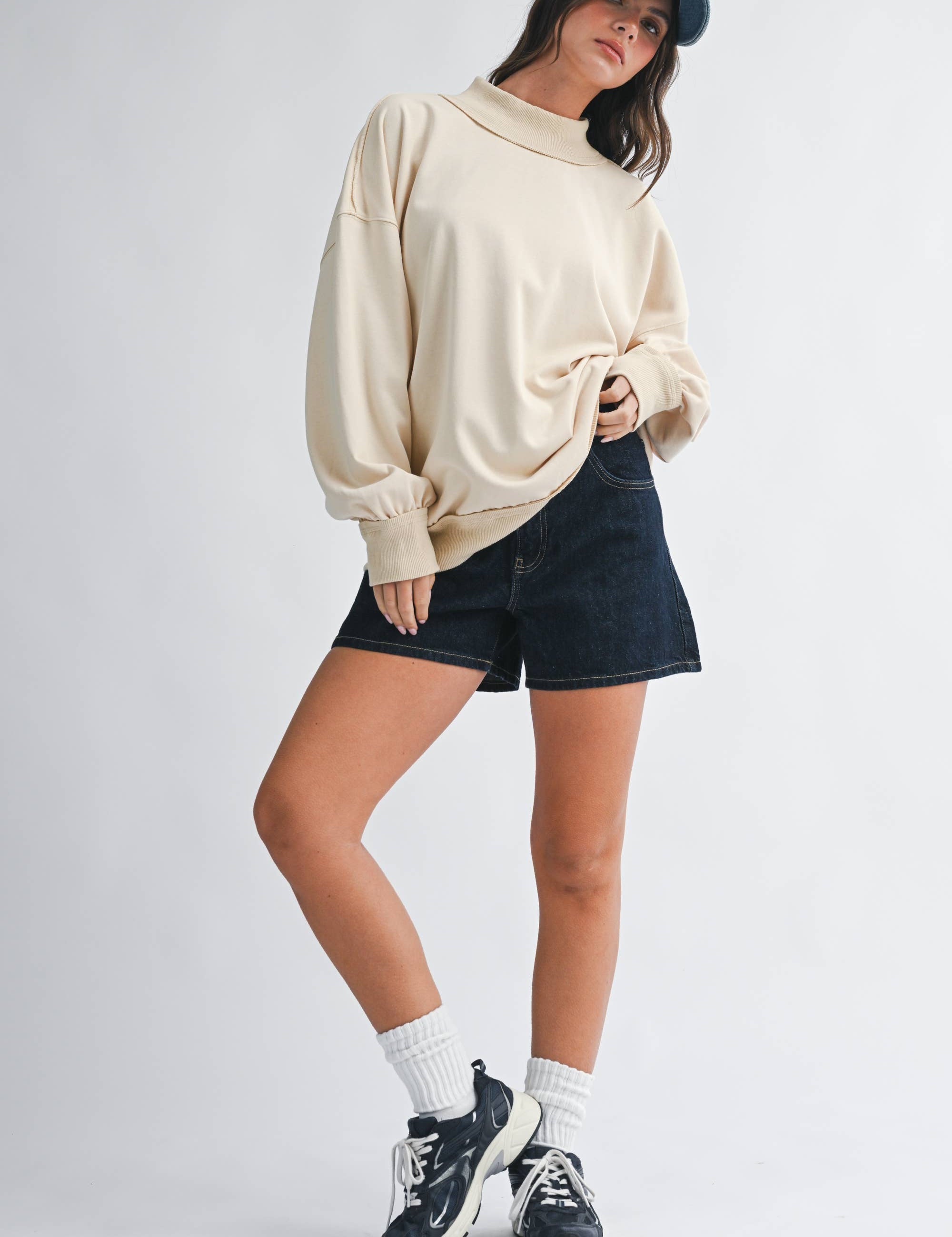 oatmeal sweatshirt, women's mock neck sweatshirt, 100% cotton sweatshirt, oversized sweatshirt, neutral fall sweatshirt, washed cotton sweatshirt, women's fall top, oversized mock neck top, cream sweatshirt, casual women's sweatshirt