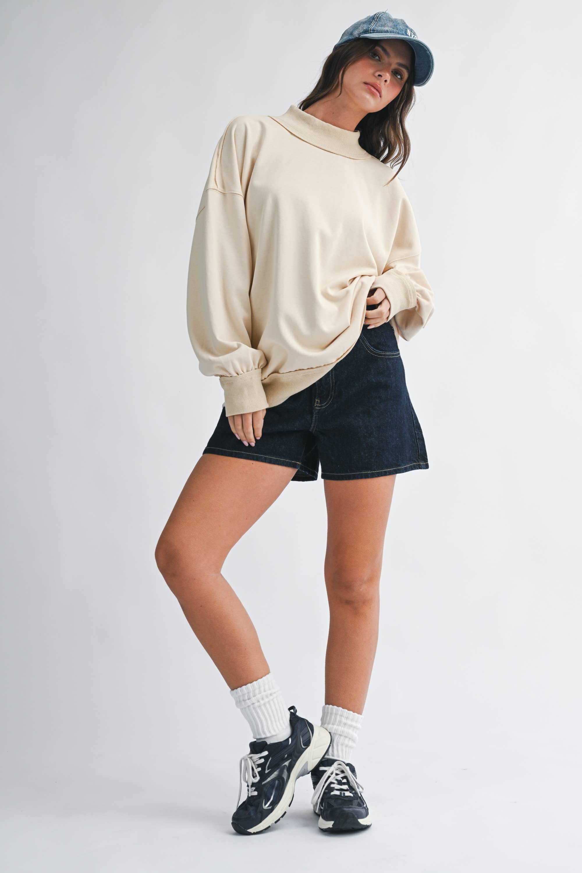 oatmeal sweatshirt, women's mock neck sweatshirt, 100% cotton sweatshirt, oversized sweatshirt, neutral fall sweatshirt, washed cotton sweatshirt, women's fall top, oversized mock neck top, cream sweatshirt, casual women's sweatshirt