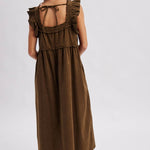 women's brown corduroy dress, brown corduroy midi dress, chocolate brown maxi dress, corduroy fall dress, women's fall midi dress, western midi dress, western fall dress, cowgirl fall dress, brown ruffle dress, ruffle strap midi dress, square neck midi dress, loose fit fall dress, 100% cotton dress, cotton corduroy dress, fall dress with cowboy boots, western women's clothing, western boutique clothing, boho western dress, women's fall boutique clothing, brown fall outfit women, casual fall dress, east tenn