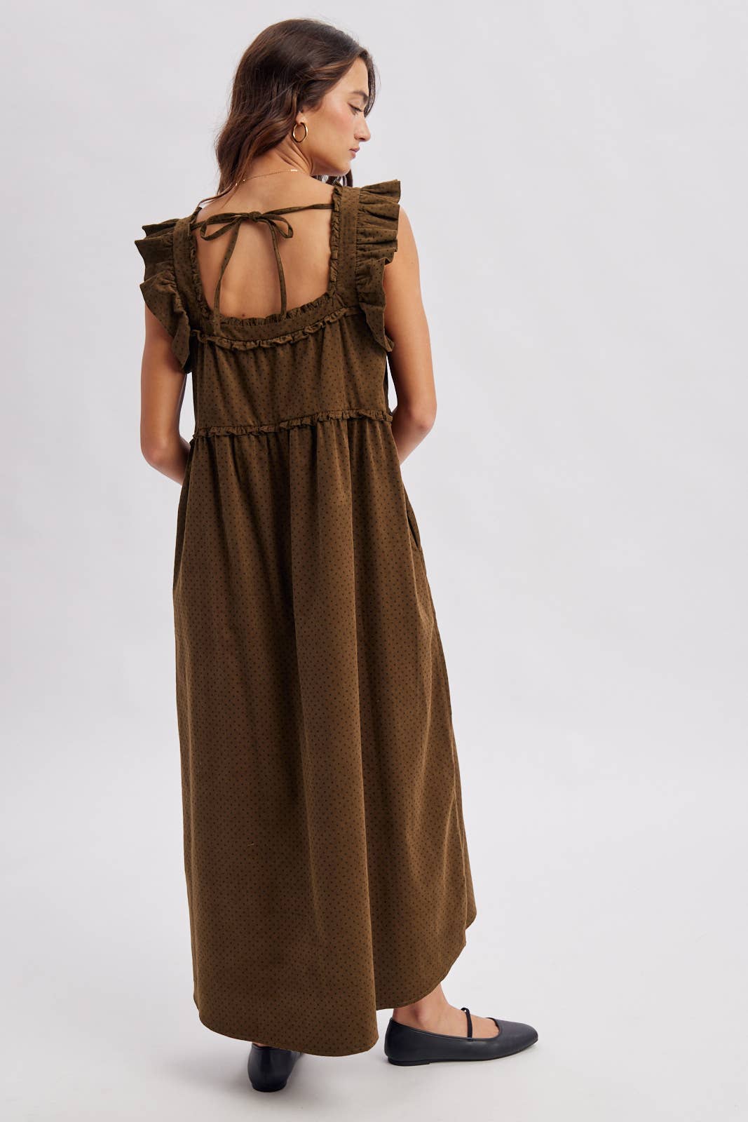 women's brown corduroy dress, brown corduroy midi dress, chocolate brown maxi dress, corduroy fall dress, women's fall midi dress, western midi dress, western fall dress, cowgirl fall dress, brown ruffle dress, ruffle strap midi dress, square neck midi dress, loose fit fall dress, 100% cotton dress, cotton corduroy dress, fall dress with cowboy boots, western women's clothing, western boutique clothing, boho western dress, women's fall boutique clothing, brown fall outfit women, casual fall dress, east tenn