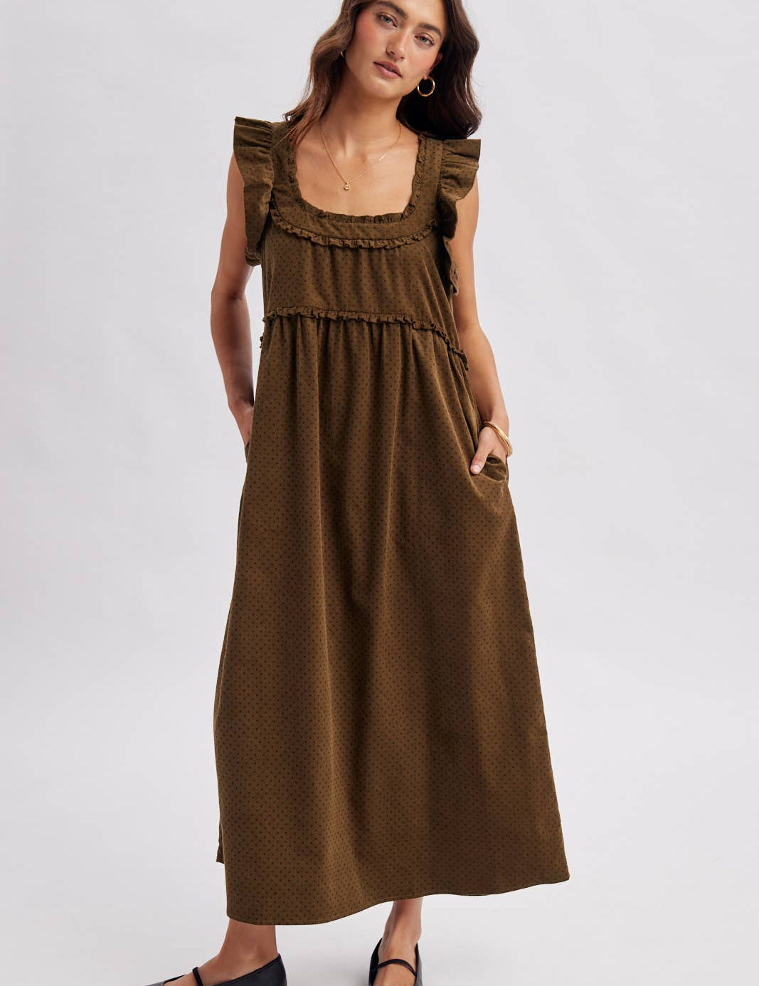 women's brown corduroy dress, brown corduroy midi dress, chocolate brown maxi dress, corduroy fall dress, women's fall midi dress, western midi dress, western fall dress, cowgirl fall dress, brown ruffle dress, ruffle strap midi dress, square neck midi dress, loose fit fall dress, 100% cotton dress, cotton corduroy dress, fall dress with cowboy boots, western women's clothing, western boutique clothing, boho western dress, women's fall boutique clothing, brown fall outfit women, casual fall dress, east tenn