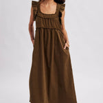 women's brown corduroy dress, brown corduroy midi dress, chocolate brown maxi dress, corduroy fall dress, women's fall midi dress, western midi dress, western fall dress, cowgirl fall dress, brown ruffle dress, ruffle strap midi dress, square neck midi dress, loose fit fall dress, 100% cotton dress, cotton corduroy dress, fall dress with cowboy boots, western women's clothing, western boutique clothing, boho western dress, women's fall boutique clothing, brown fall outfit women, casual fall dress, east tenn