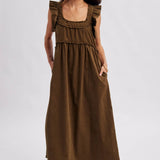 women's brown corduroy dress, brown corduroy midi dress, chocolate brown maxi dress, corduroy fall dress, women's fall midi dress, western midi dress, western fall dress, cowgirl fall dress, brown ruffle dress, ruffle strap midi dress, square neck midi dress, loose fit fall dress, 100% cotton dress, cotton corduroy dress, fall dress with cowboy boots, western women's clothing, western boutique clothing, boho western dress, women's fall boutique clothing, brown fall outfit women, casual fall dress, east tenn