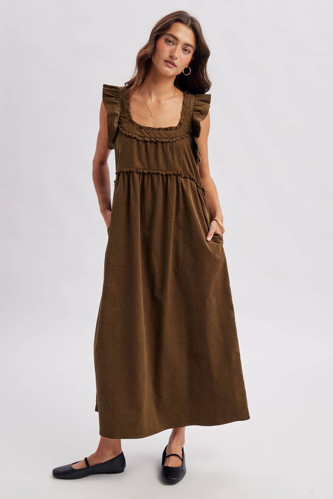 women's brown corduroy dress, brown corduroy midi dress, chocolate brown maxi dress, corduroy fall dress, women's fall midi dress, western midi dress, western fall dress, cowgirl fall dress, brown ruffle dress, ruffle strap midi dress, square neck midi dress, loose fit fall dress, 100% cotton dress, cotton corduroy dress, fall dress with cowboy boots, western women's clothing, western boutique clothing, boho western dress, women's fall boutique clothing, brown fall outfit women, casual fall dress, east tenn