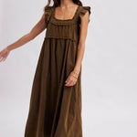 women's brown corduroy dress, brown corduroy midi dress, chocolate brown maxi dress, corduroy fall dress, women's fall midi dress, western midi dress, western fall dress, cowgirl fall dress, brown ruffle dress, ruffle strap midi dress, square neck midi dress, loose fit fall dress, 100% cotton dress, cotton corduroy dress, fall dress with cowboy boots, western women's clothing, western boutique clothing, boho western dress, women's fall boutique clothing, brown fall outfit women, casual fall dress, east tenn