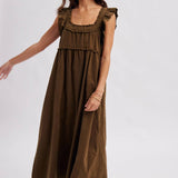 women's brown corduroy dress, brown corduroy midi dress, chocolate brown maxi dress, corduroy fall dress, women's fall midi dress, western midi dress, western fall dress, cowgirl fall dress, brown ruffle dress, ruffle strap midi dress, square neck midi dress, loose fit fall dress, 100% cotton dress, cotton corduroy dress, fall dress with cowboy boots, western women's clothing, western boutique clothing, boho western dress, women's fall boutique clothing, brown fall outfit women, casual fall dress, east tenn