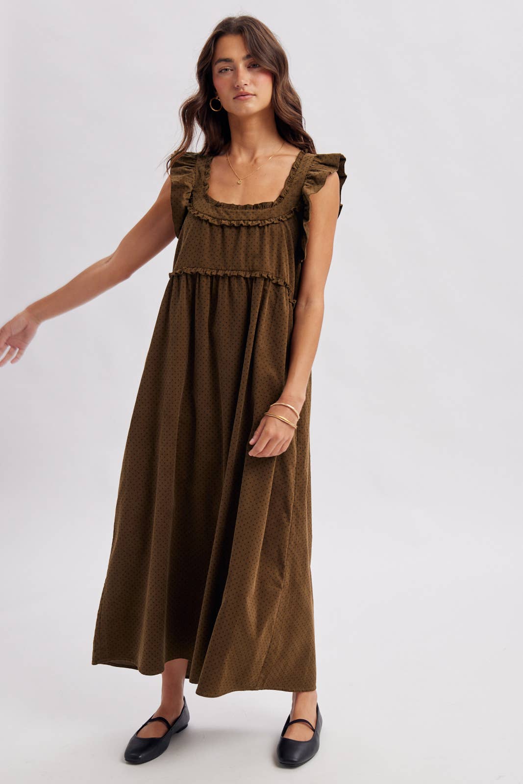 women's brown corduroy dress, brown corduroy midi dress, chocolate brown maxi dress, corduroy fall dress, women's fall midi dress, western midi dress, western fall dress, cowgirl fall dress, brown ruffle dress, ruffle strap midi dress, square neck midi dress, loose fit fall dress, 100% cotton dress, cotton corduroy dress, fall dress with cowboy boots, western women's clothing, western boutique clothing, boho western dress, women's fall boutique clothing, brown fall outfit women, casual fall dress, east tenn