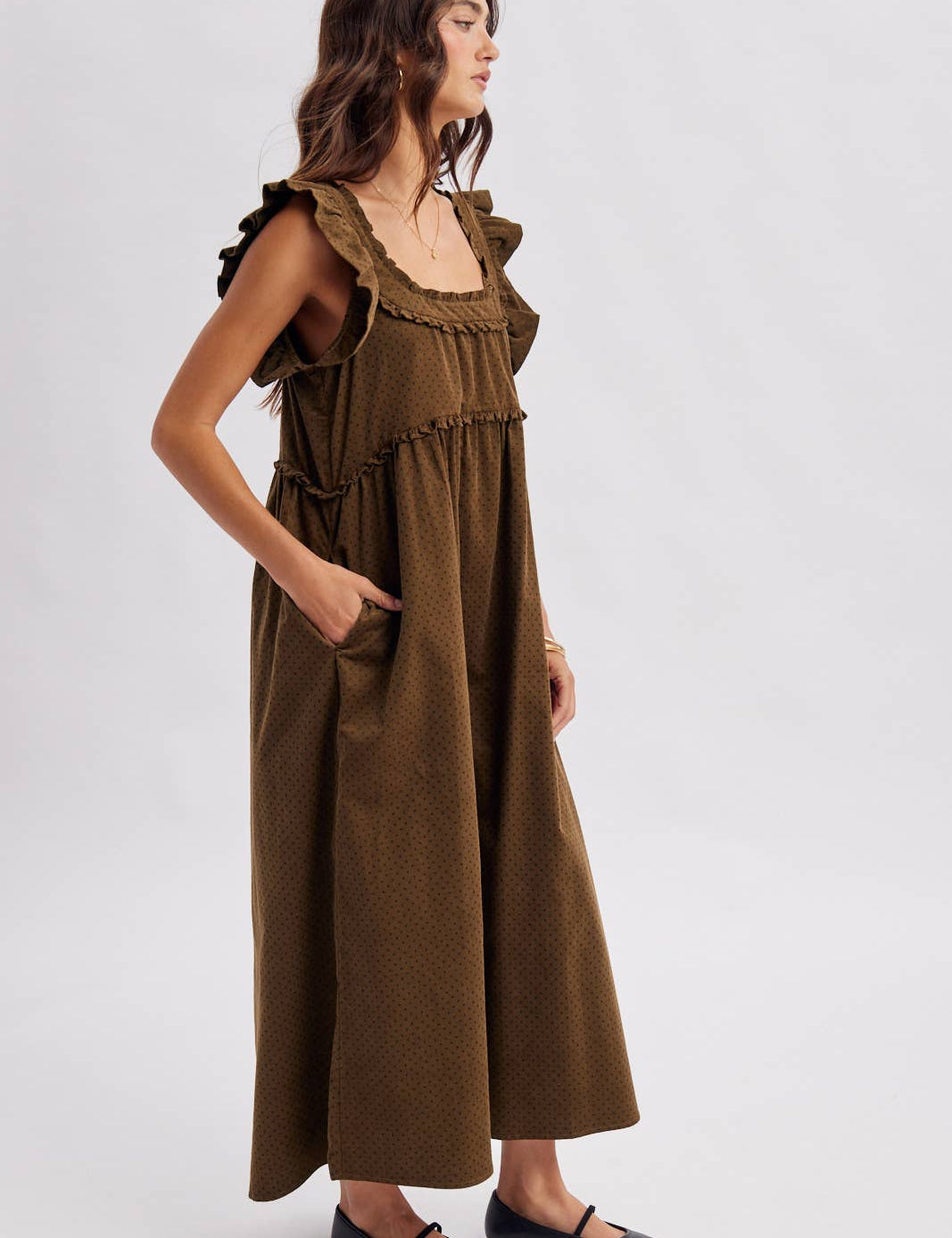 women's brown corduroy dress, brown corduroy midi dress, chocolate brown maxi dress, corduroy fall dress, women's fall midi dress, western midi dress, western fall dress, cowgirl fall dress, brown ruffle dress, ruffle strap midi dress, square neck midi dress, loose fit fall dress, 100% cotton dress, cotton corduroy dress, fall dress with cowboy boots, western women's clothing, western boutique clothing, boho western dress, women's fall boutique clothing, brown fall outfit women, casual fall dress, east tenn