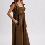women's brown corduroy dress, brown corduroy midi dress, chocolate brown maxi dress, corduroy fall dress, women's fall midi dress, western midi dress, western fall dress, cowgirl fall dress, brown ruffle dress, ruffle strap midi dress, square neck midi dress, loose fit fall dress, 100% cotton dress, cotton corduroy dress, fall dress with cowboy boots, western women's clothing, western boutique clothing, boho western dress, women's fall boutique clothing, brown fall outfit women, casual fall dress, east tenn