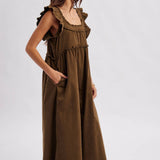 women's brown corduroy dress, brown corduroy midi dress, chocolate brown maxi dress, corduroy fall dress, women's fall midi dress, western midi dress, western fall dress, cowgirl fall dress, brown ruffle dress, ruffle strap midi dress, square neck midi dress, loose fit fall dress, 100% cotton dress, cotton corduroy dress, fall dress with cowboy boots, western women's clothing, western boutique clothing, boho western dress, women's fall boutique clothing, brown fall outfit women, casual fall dress, east tenn