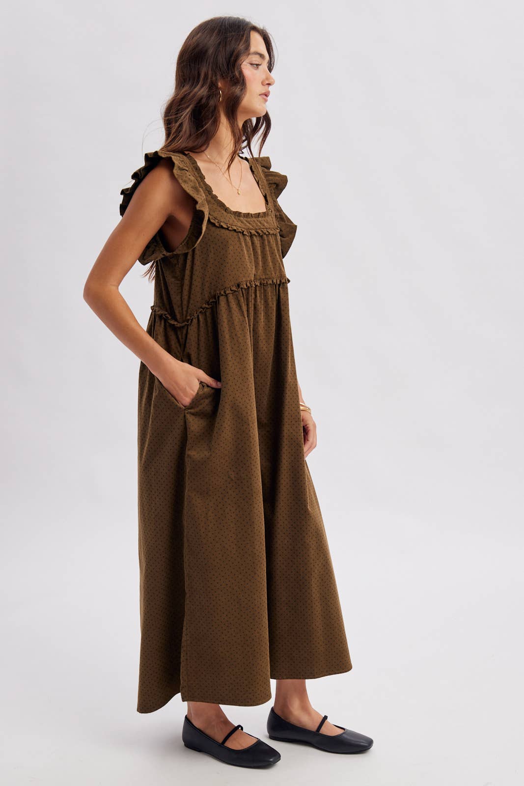 women's brown corduroy dress, brown corduroy midi dress, chocolate brown maxi dress, corduroy fall dress, women's fall midi dress, western midi dress, western fall dress, cowgirl fall dress, brown ruffle dress, ruffle strap midi dress, square neck midi dress, loose fit fall dress, 100% cotton dress, cotton corduroy dress, fall dress with cowboy boots, western women's clothing, western boutique clothing, boho western dress, women's fall boutique clothing, brown fall outfit women, casual fall dress, east tenn