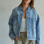 denim jacket, oversized denim jacket, boyfriend denim jacket, cotton denim jacket, heavy denim jacket, medium wash denim jacket, classic denim jacket, everyday jean jacket, jean jacket, big jean jacket