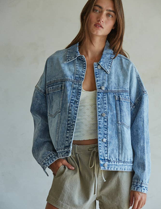 denim jacket, oversized denim jacket, boyfriend denim jacket, cotton denim jacket, heavy denim jacket, medium wash denim jacket, classic denim jacket, everyday jean jacket, jean jacket, big jean jacket