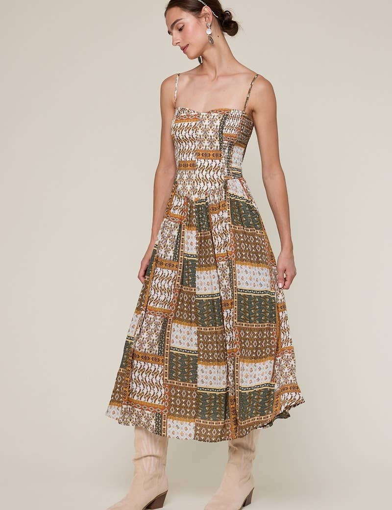 patchwork print midi dress, boho midi dress, smocked bodice dress, brown green printed dress, adjustable strap midi dress, flowy rayon midi dress, western inspired midi dress, fall transition dress, patterned sleeveless dress, neutral boho dress