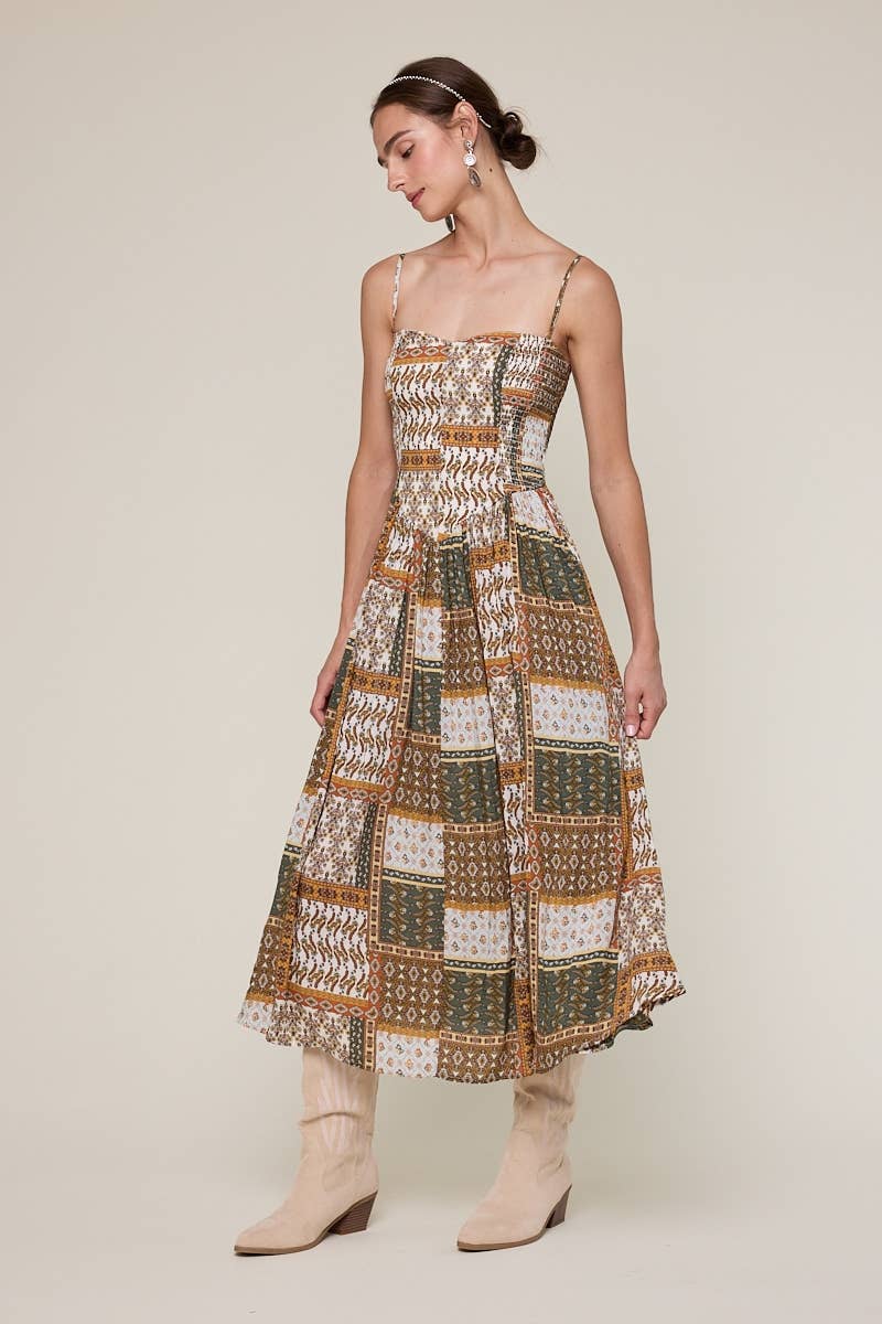 patchwork print midi dress, boho midi dress, smocked bodice dress, brown green printed dress, adjustable strap midi dress, flowy rayon midi dress, western inspired midi dress, fall transition dress, patterned sleeveless dress, neutral boho dress
