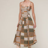 patchwork print midi dress, boho midi dress, smocked bodice dress, brown green printed dress, adjustable strap midi dress, flowy rayon midi dress, western inspired midi dress, fall transition dress, patterned sleeveless dress, neutral boho dress