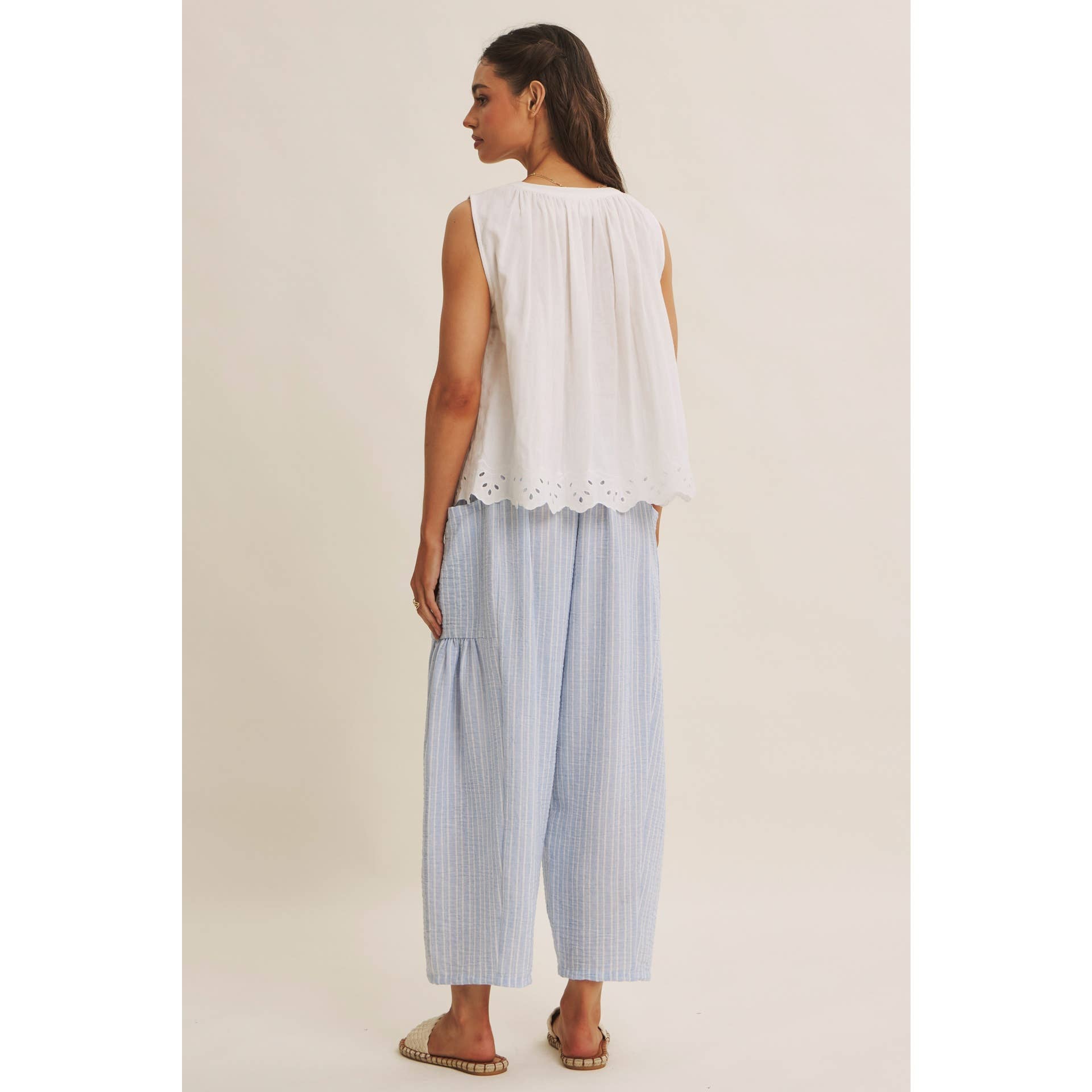 blue striped wide leg pants
coastal summer pants women
lightweight vacation pants
relaxed striped lounge pants
elastic waist wide leg pants
resort wear boutique pants
beach vacation outfit women
casual coastal style pants
striped summer trousers women
west of may spritz collection