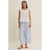 blue striped wide leg pants
coastal summer pants women
lightweight vacation pants
relaxed striped lounge pants
elastic waist wide leg pants
resort wear boutique pants
beach vacation outfit women
casual coastal style pants
striped summer trousers women
west of may spritz collection