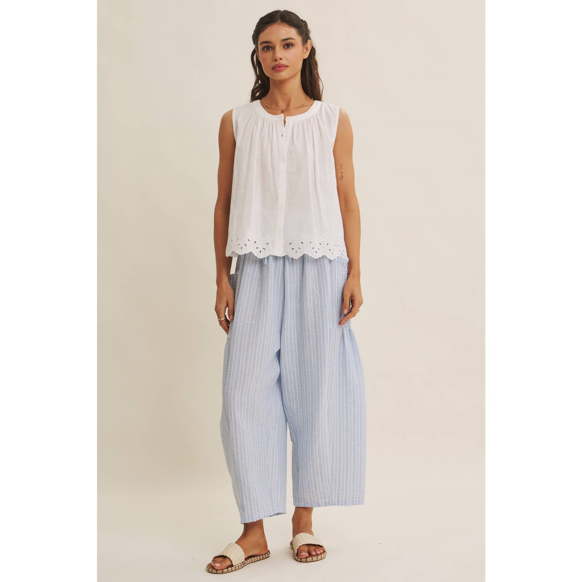 blue striped wide leg pants
coastal summer pants women
lightweight vacation pants
relaxed striped lounge pants
elastic waist wide leg pants
resort wear boutique pants
beach vacation outfit women
casual coastal style pants
striped summer trousers women
west of may spritz collection