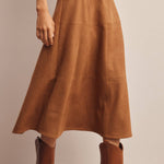 faux suede midi skirt, brown suede skirt, camel midi skirt, women’s a-line midi skirt, high waisted suede skirt, stretch suede skirt, fall midi skirt, western midi skirt, brown fall skirt, thanksgiving outfit skirt, women’s boutique skirt, fall skirt with boots
