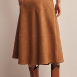 camel brown faux suede high waisted a-line midi skirt with paneled seams