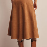 camel brown faux suede high waisted a-line midi skirt with paneled seams