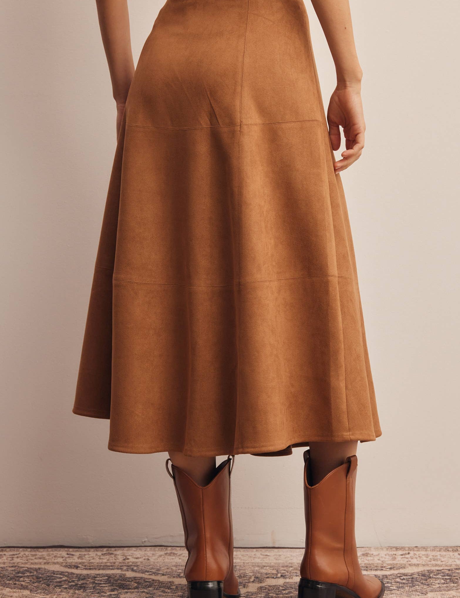 camel brown faux suede high waisted a-line midi skirt with paneled seams