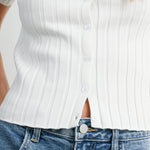 white ribbed knit top
button front ribbed top
fitted white short sleeve top
ribbed cardigan top
white summer knit top
casual summer outfit
feminine everyday top
white button front sweater top
classic americana style
stretch ribbed shirt
versatile summer staple
fitted knit tee
boutique basics
elevated casual clothing
women's ribbed button top
summer layering piece
white short sleeve cardigan
flattering ribbed knit top
everyday wardrobe essential
soft stretch knit top
