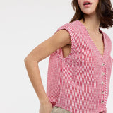 red gingham top
gingham button front blouse
red and white checkered top
sleeveless gingham shirt
boxy fit summer top
picnic outfit top
americana summer clothing
red gingham blouse
casual summer button front top
county fair outfit
lightweight summer blouse
relaxed fit gingham top
classic gingham shirt women
boutique summer clothing
red checkered blouse
summer picnic outfit
casual sleeveless blouse
southern summer style
vintage inspired gingham top
women's button front top