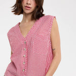 red gingham top
gingham button front blouse
red and white checkered top
sleeveless gingham shirt
boxy fit summer top
picnic outfit top
americana summer clothing
red gingham blouse
casual summer button front top
county fair outfit
lightweight summer blouse
relaxed fit gingham top
classic gingham shirt women
boutique summer clothing
red checkered blouse
summer picnic outfit
casual sleeveless blouse
southern summer style
vintage inspired gingham top
women's button front top
