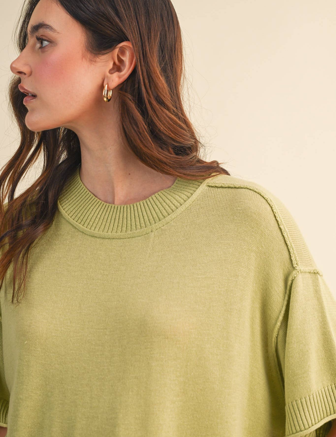 cream sweater tee
lightweight mock neck knit top
short sleeve sweater top
semi cropped knit tee
relaxed cream knit shirt
soft lightweight sweater tee
casual knit top women
ribbed trim sweater tee