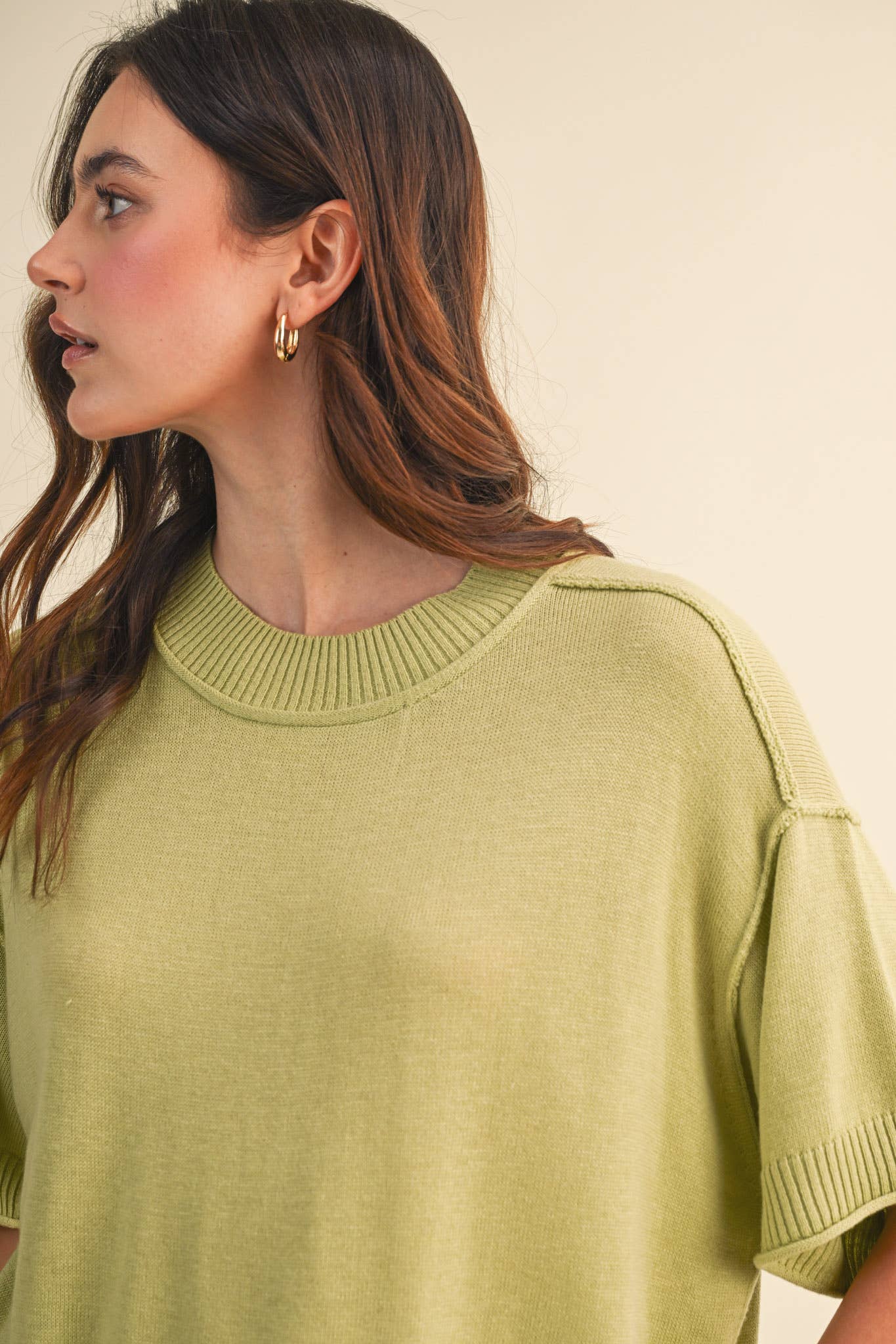 cream sweater tee
lightweight mock neck knit top
short sleeve sweater top
semi cropped knit tee
relaxed cream knit shirt
soft lightweight sweater tee
casual knit top women
ribbed trim sweater tee