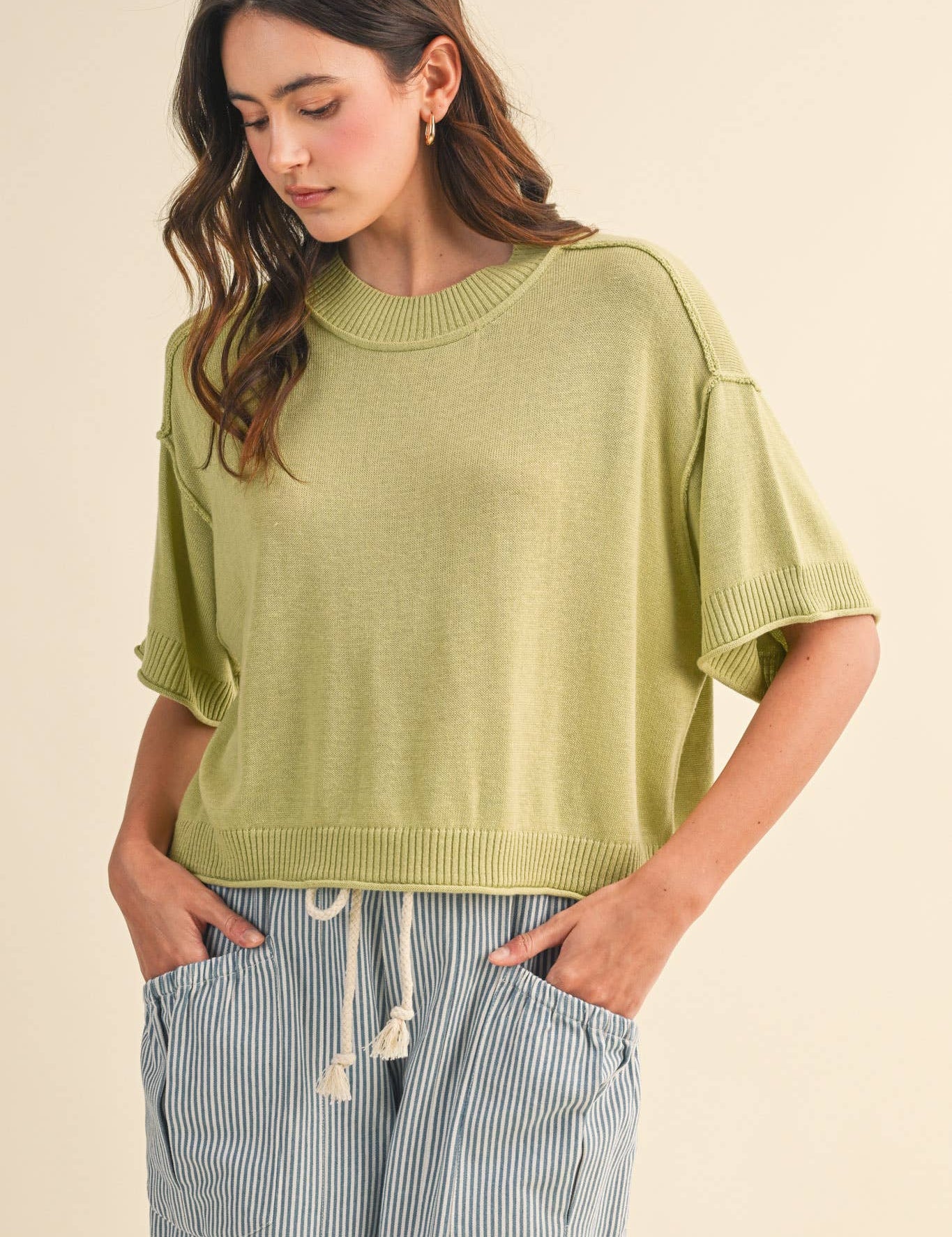 lightweight sweater tee
short sleeve knit top
mock neck sweater tee
cropped sweater top
soft knit tee women
lightweight knit pullover
casual sweater tee
everyday knit top
boutique sweater tee
relaxed fit knit top