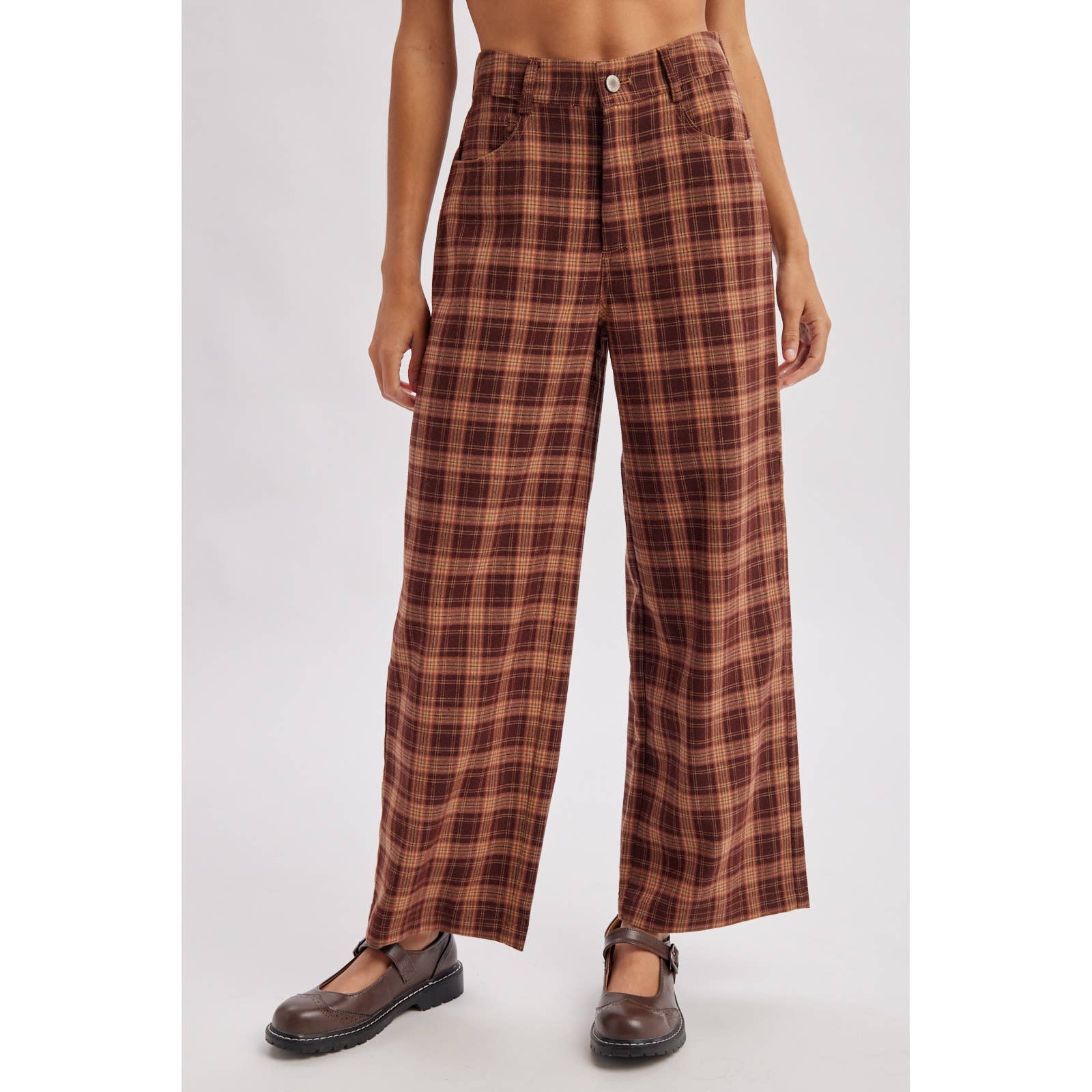 plaid wide leg pants, brown plaid pants, high rise plaid pants, women's plaid trousers, wide leg trousers, fall plaid pants, preppy fall outfit, tailored plaid pants, women's boutique pants, fall fashion, west of may boutique
