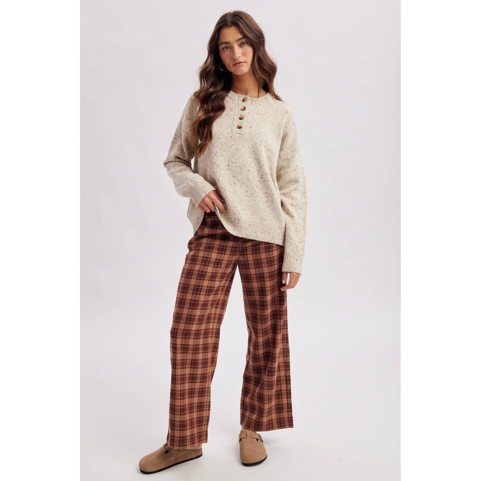 plaid wide leg pants, brown plaid pants, high rise plaid pants, women's plaid trousers, wide leg trousers, fall plaid pants, preppy fall outfit, tailored plaid pants, women's boutique pants, fall fashion, west of may boutique