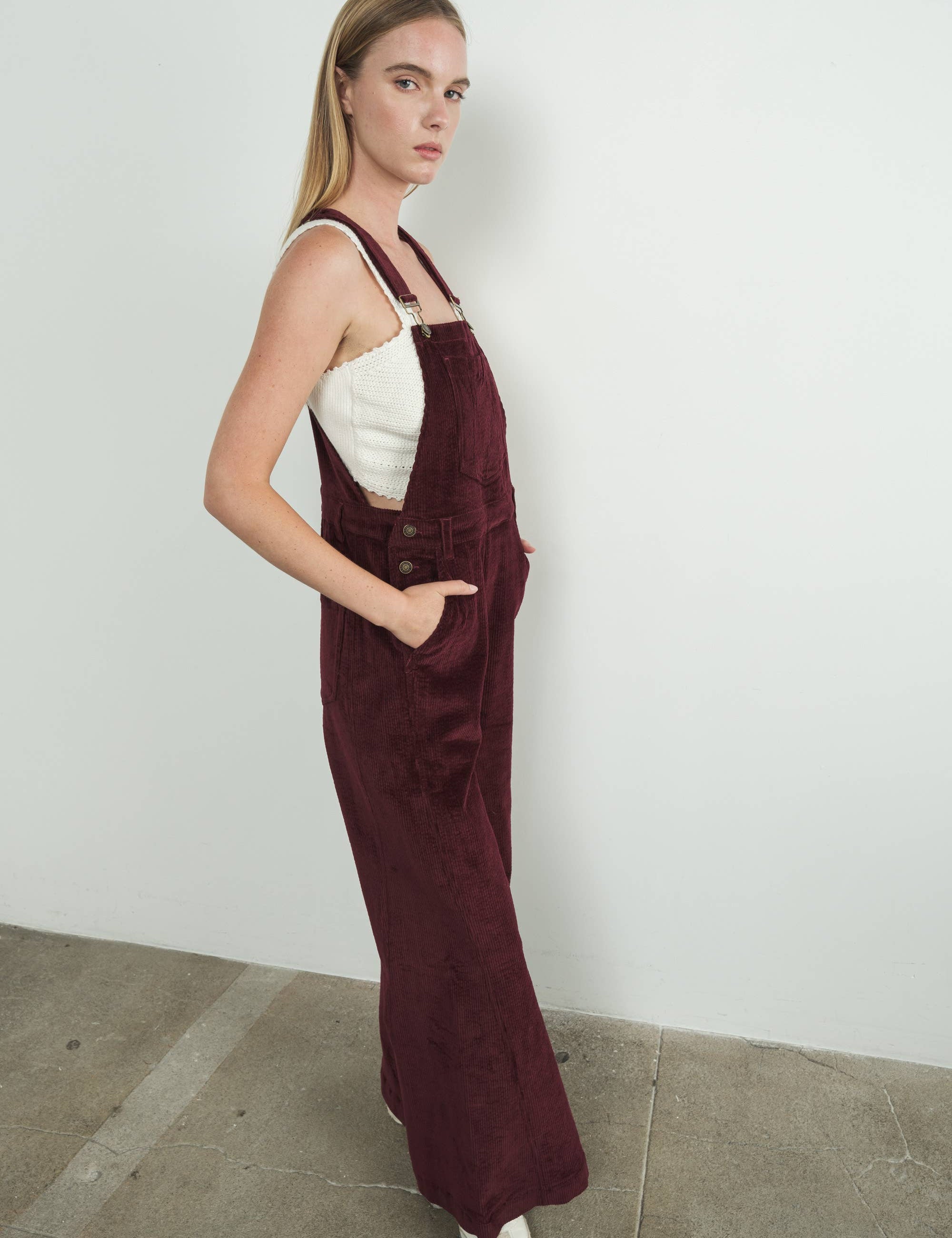 wine corduroy overalls, burgundy overalls women, women’s corduroy jumpsuit, wide leg overalls, fall overalls women, corduroy bib overalls, burgundy jumpsuit, vintage inspired overalls, women’s fall jumpsuit, casual fall outfit, layering overalls women, boutique corduroy overalls