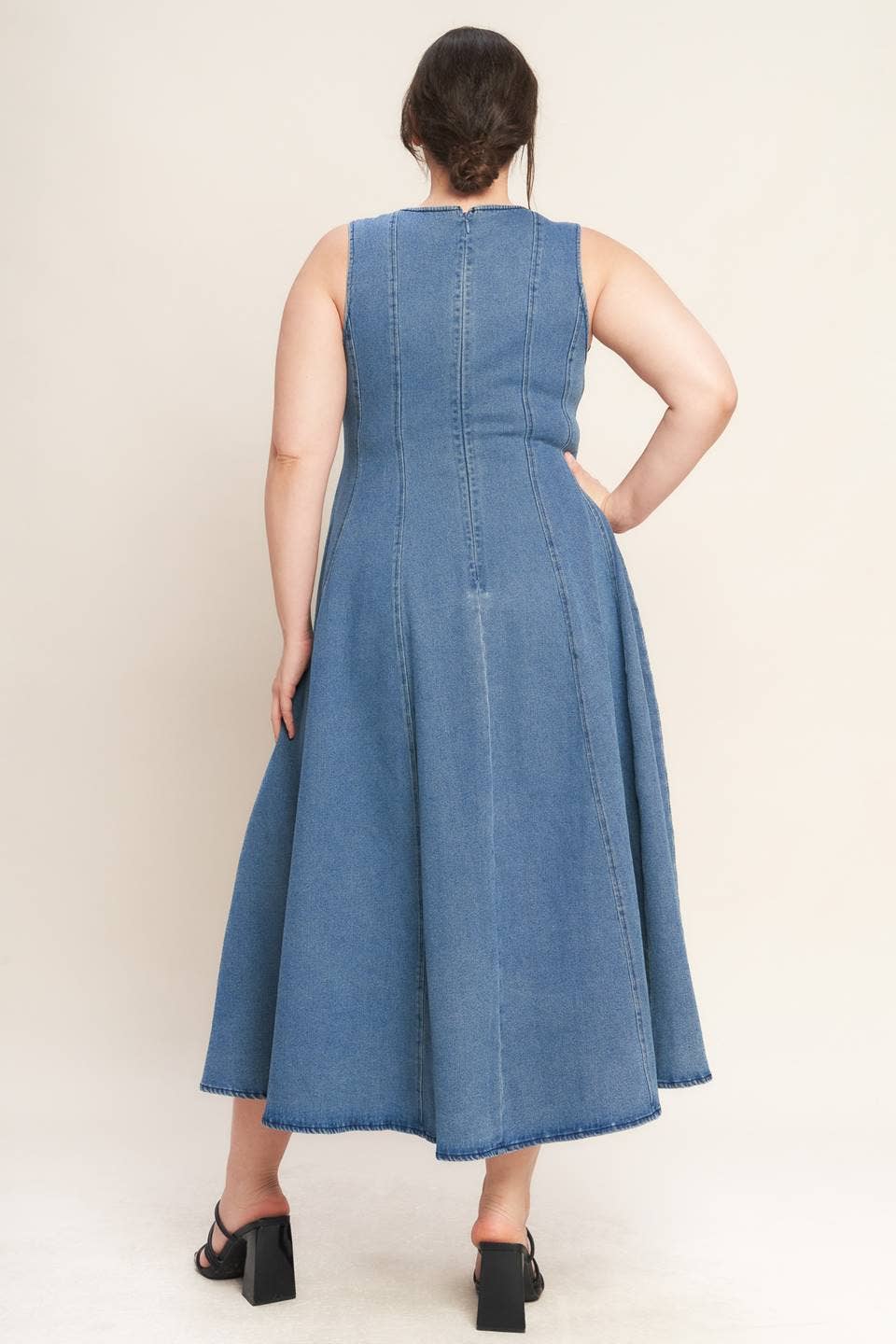 denim midi dress, washed denim midi dress, queen anne neckline dress, sleeveless denim dress, fit and flare denim dress, circle skirt denim dress, plus size denim dress, modest denim dress, teacher outfit, fall denim dress, women's boutique clothing, west of may boutique