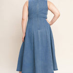 denim midi dress, washed denim midi dress, queen anne neckline dress, sleeveless denim dress, fit and flare denim dress, circle skirt denim dress, plus size denim dress, modest denim dress, teacher outfit, fall denim dress, women's boutique clothing, west of may boutique