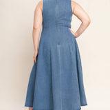 denim midi dress, washed denim midi dress, queen anne neckline dress, sleeveless denim dress, fit and flare denim dress, circle skirt denim dress, plus size denim dress, modest denim dress, teacher outfit, fall denim dress, women's boutique clothing, west of may boutique