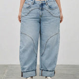 barrel jeans, light wash barrel jeans, cuffed jeans, seamed jeans, curved leg jeans, high rise barrel jeans, women's barrel jeans, relaxed jeans, cuffed denim, light wash jeans, plus size barrel jeans, statement denim