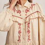 cream embroidered maxi dress, floral embroidered maxi dress, fall maxi dress, western embroidered dress, cream long sleeve dress, ruffle maxi dress, button front maxi dress, boho maxi dress, fall family photo dress, holiday gathering dress, embroidered fall dress, women’s boutique maxi dress