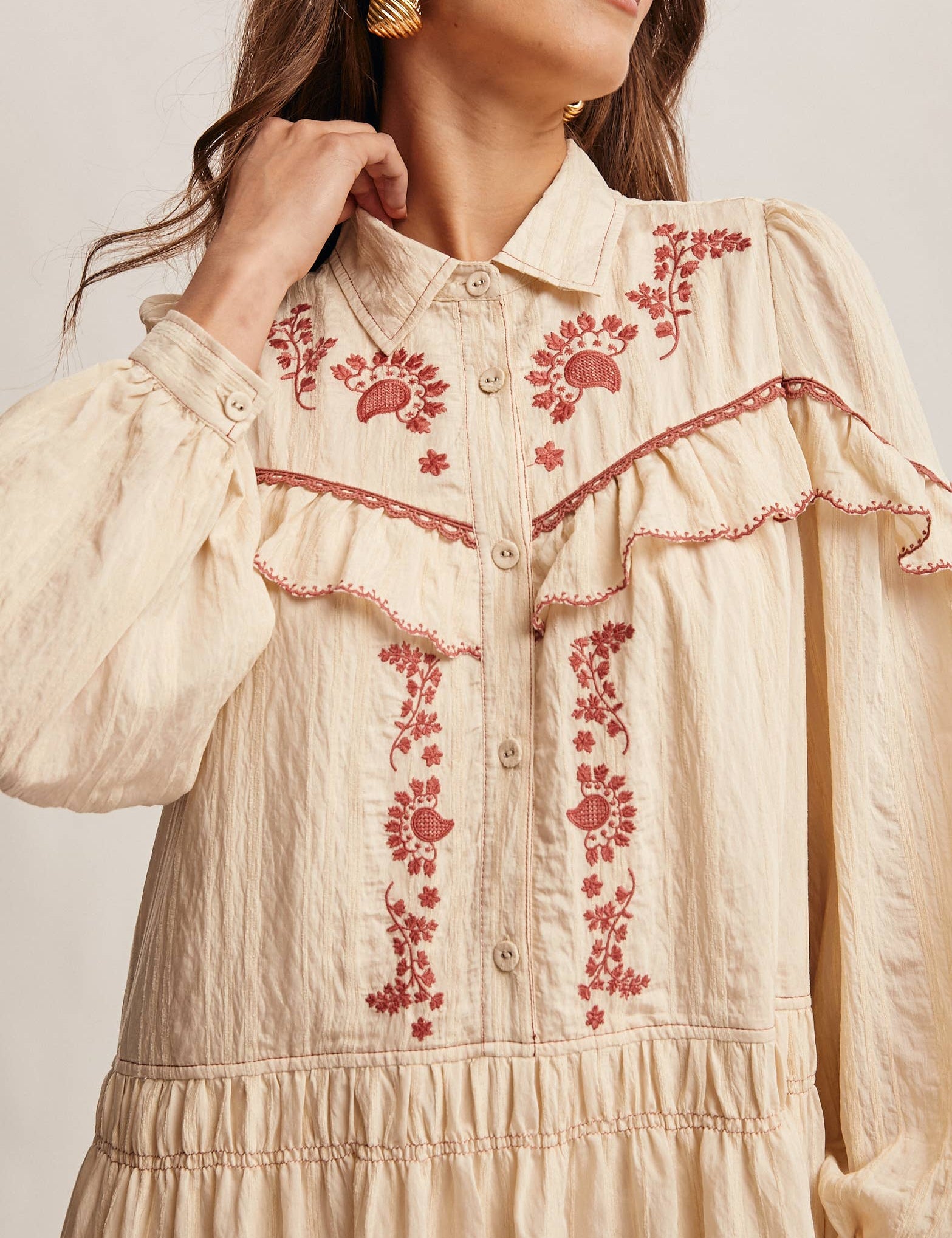 cream embroidered maxi dress, floral embroidered maxi dress, fall maxi dress, western embroidered dress, cream long sleeve dress, ruffle maxi dress, button front maxi dress, boho maxi dress, fall family photo dress, holiday gathering dress, embroidered fall dress, women’s boutique maxi dress