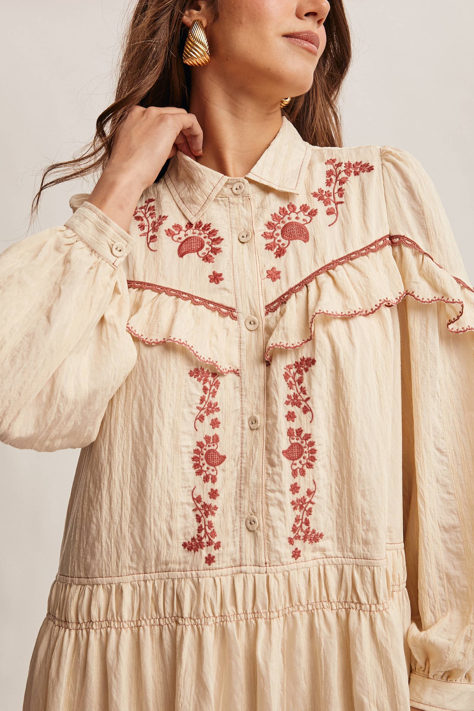 cream embroidered maxi dress, floral embroidered maxi dress, fall maxi dress, western embroidered dress, cream long sleeve dress, ruffle maxi dress, button front maxi dress, boho maxi dress, fall family photo dress, holiday gathering dress, embroidered fall dress, women’s boutique maxi dress